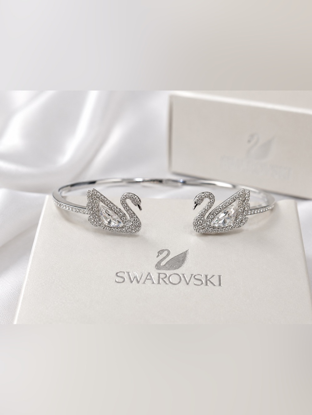 Swarovski Dancing Swan Crystal Open Bangle Bracelet Rhodium Plated w/ COA